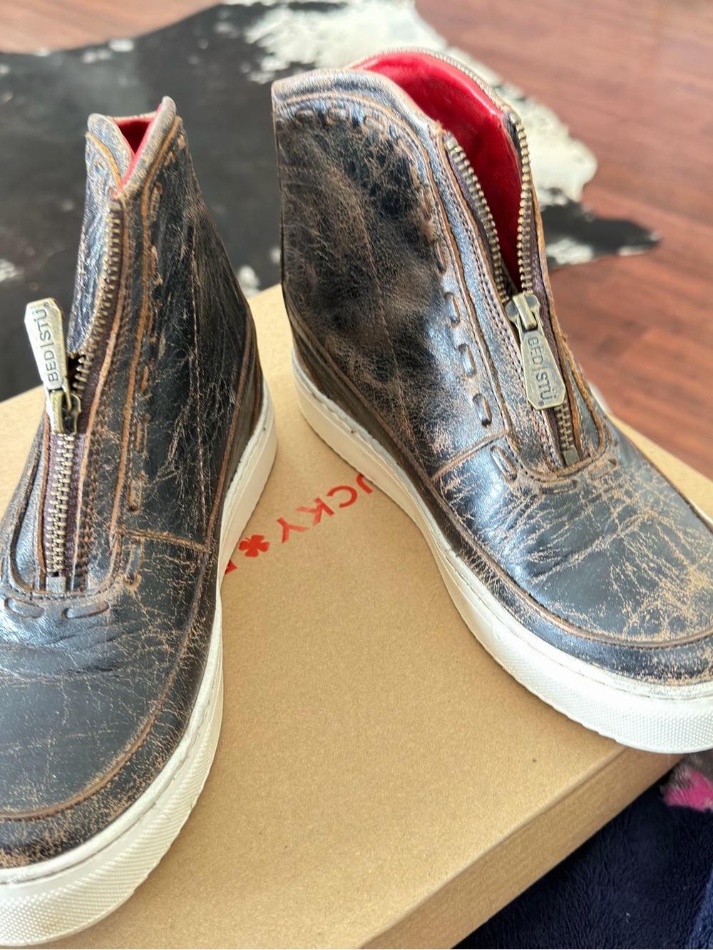 BED|STU Distressed Brown Leather High-Top Slip-On Sneakers with Red Lining